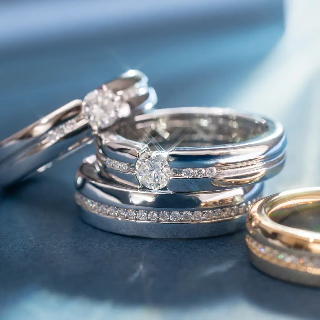 Mix de alianças e anéis em prata e dourado com pedras moissanite