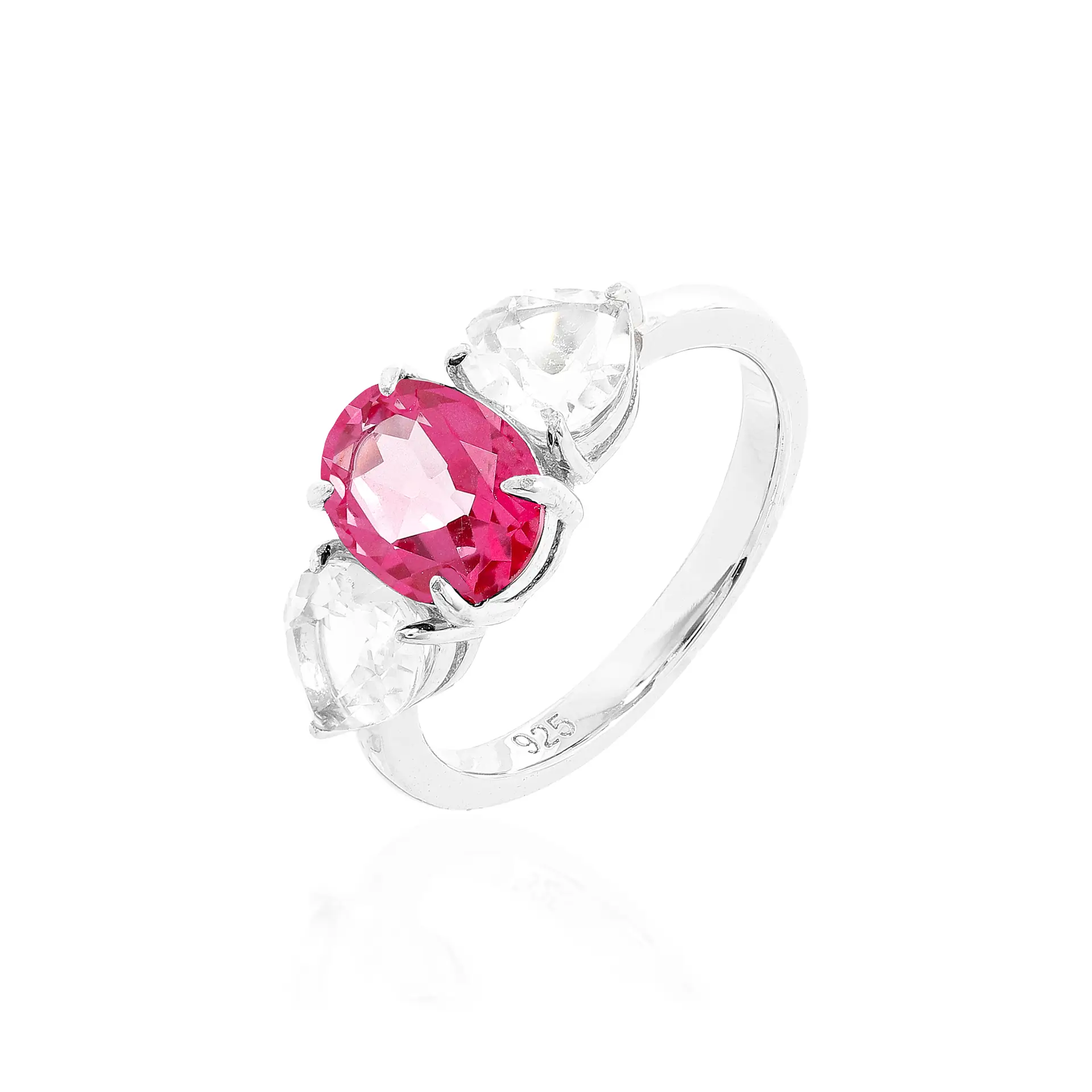 ANEL OVAL 7 MM CORAÇÃO PRATA 925 RÓDIO TOPÁZIO PINK MOISSANITE