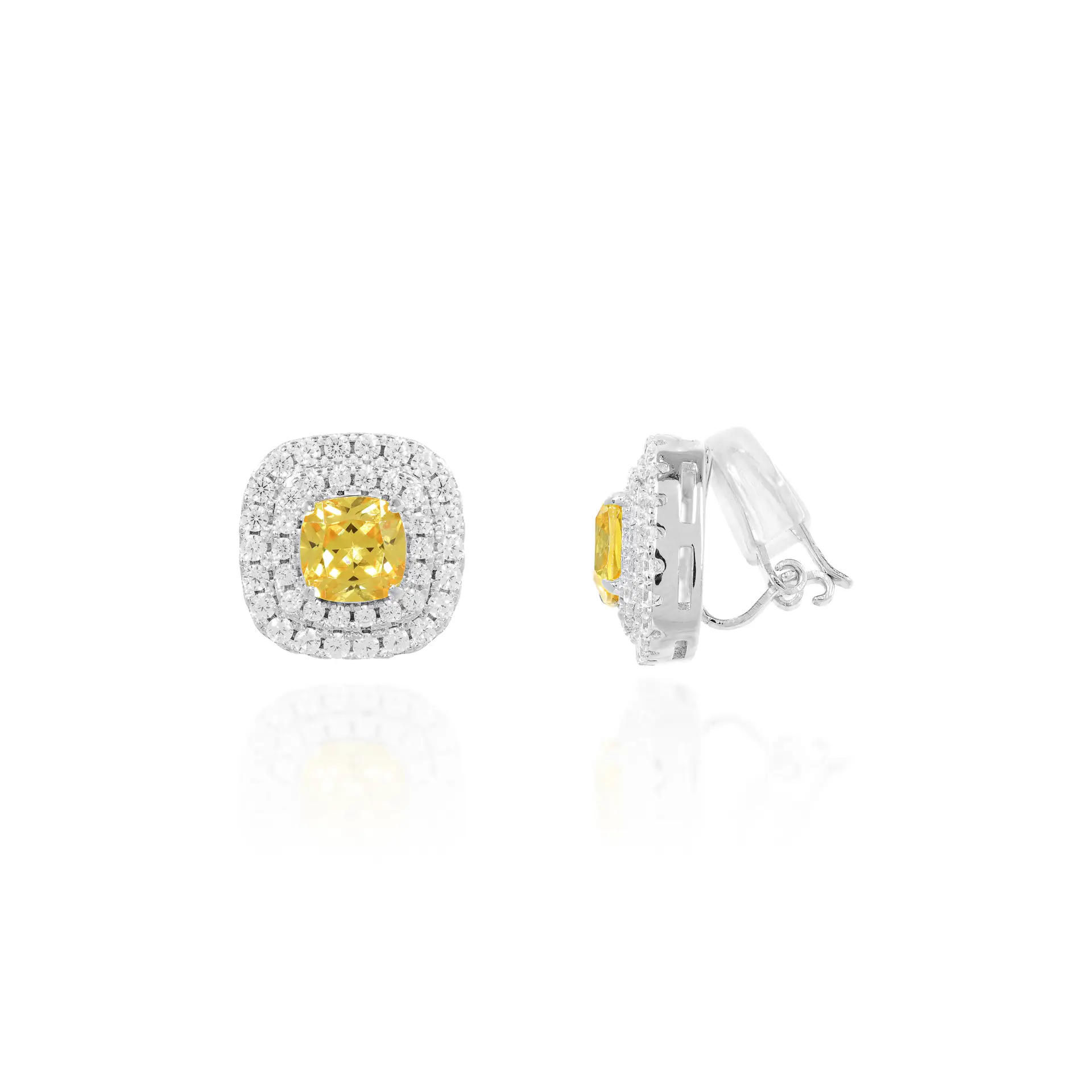 BRINCO DE PRESSÃO QUADRADO 7 MM CRAVEJADO PRATA 925 RÓDIO YELLOW FANCY ZIRCÔNIA BRANCA