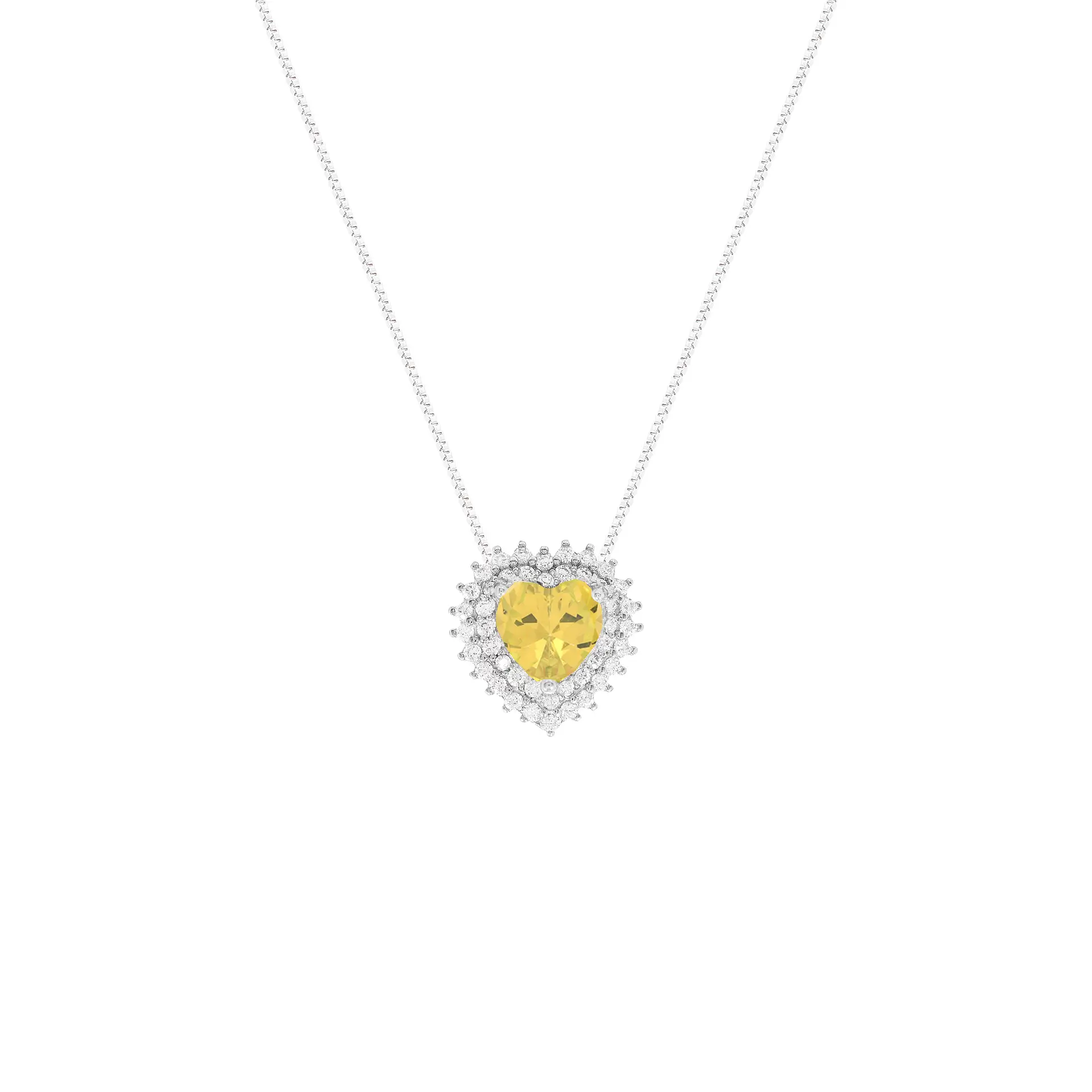 COLAR VENEZIANA CORAÇÃO CRAVAÇÃO PRINCESA PRATA 925 RÓDIO YELLOW FANCY ZIRCÔNIA BRANCA