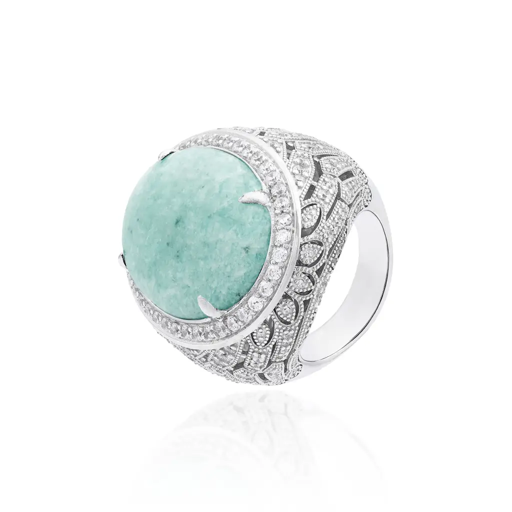 Anel em prata 925 com pedra amazonita oval e zircônias