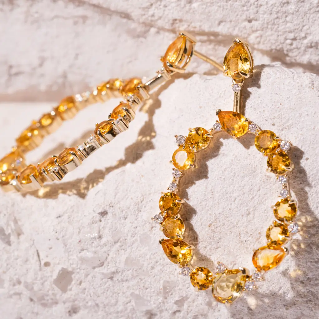 Brincos com pedras naturais amarelas e banho dourado