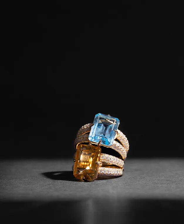 coleção duo contrast - anel citrino e topázio sky