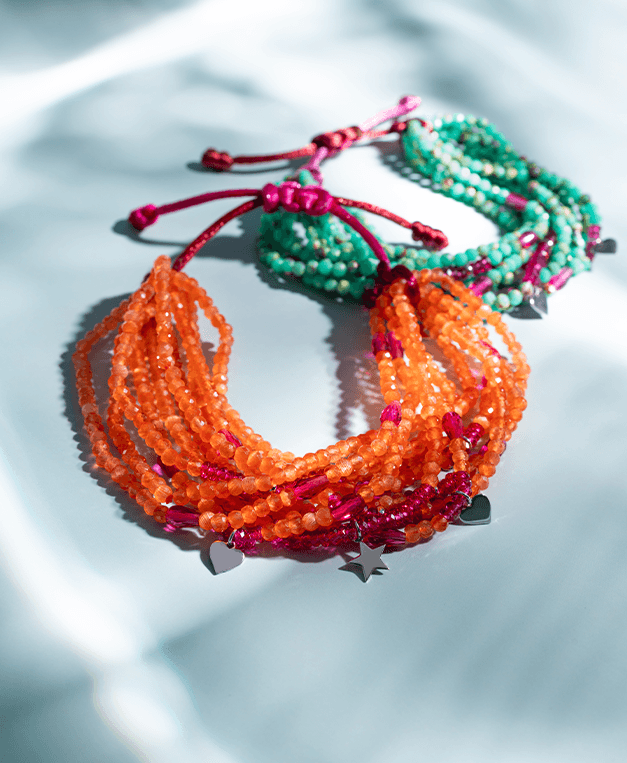 coleção tidal - pulseira com pedra natural cornalina e pulseira com pedra natural crisoprásio